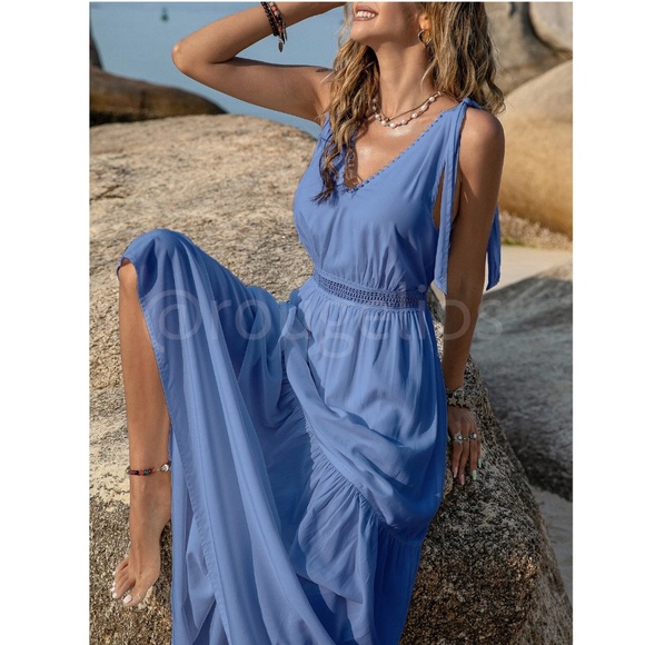 Blue Maxi Dress V-Neck Flared Flowy Tie Straps Embroidered Trim - Picture 4 of 7
